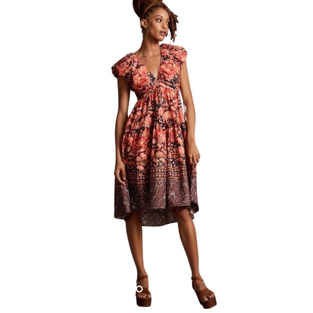 By Anthropologie NWT Printed V Neck Babydoll Dress Red Floral Border Print 4